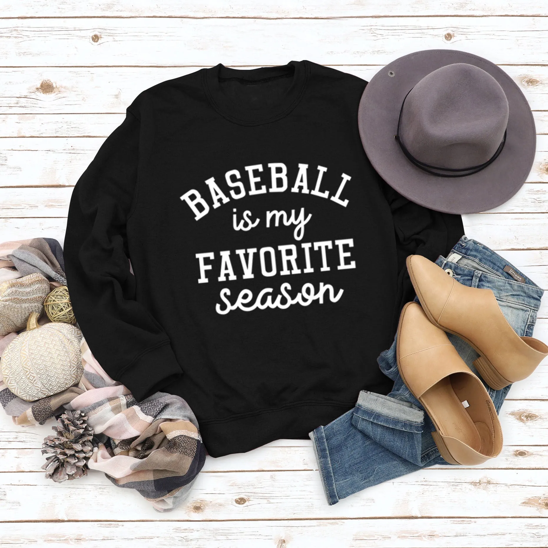Baseball Is My Favorite Letter Round Neck Large Long Sleeve Sweater