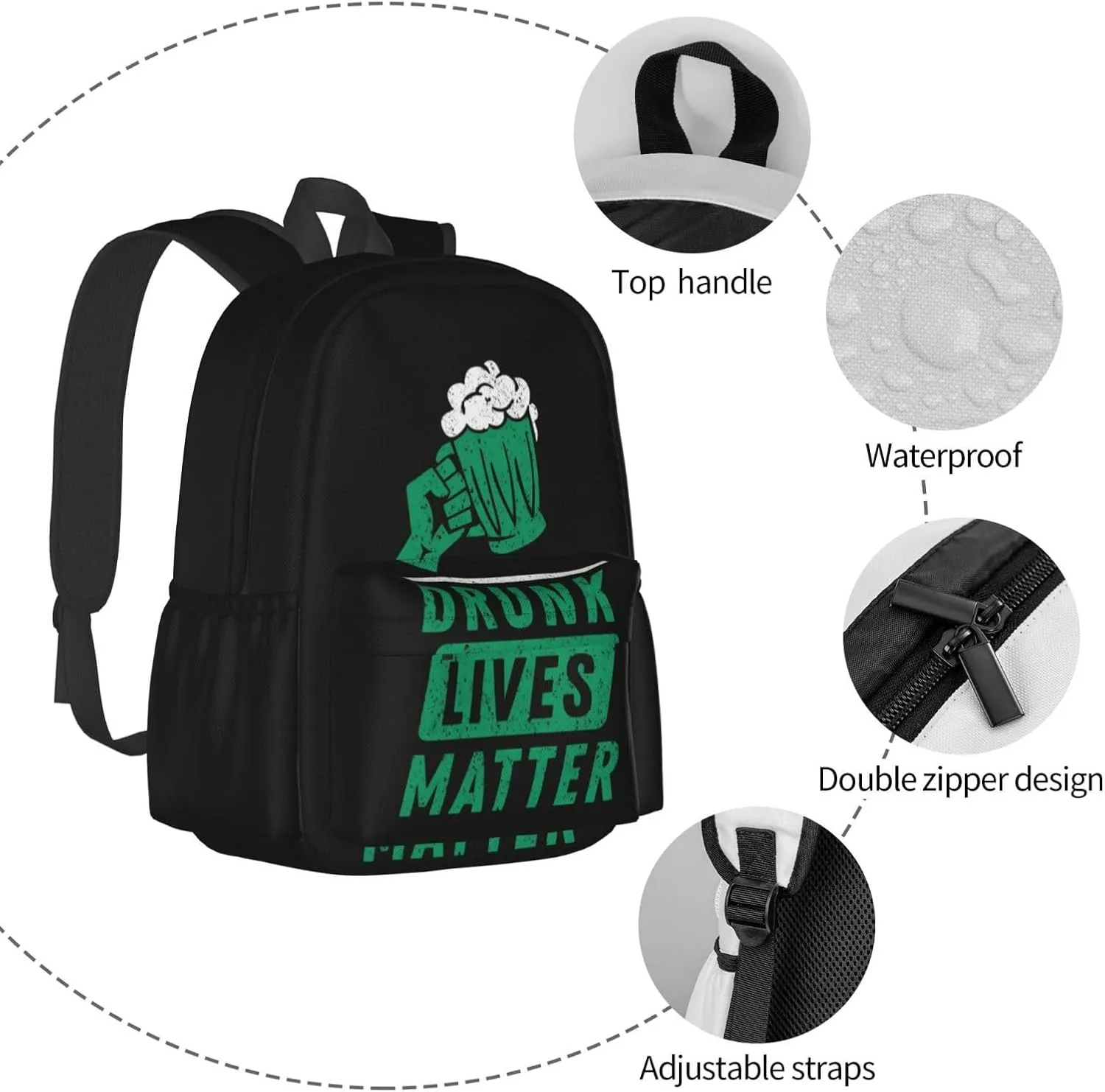 Beer Drinkings Saint Patrick's Day Drunk Lives Matter Backpack Casual Laptop Backpack Large Capacity Double Shoulder Bag Travel Daypack For Women Men