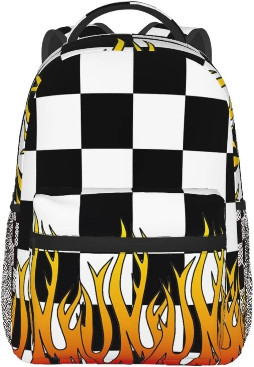 Black and White Checkered Racing Flames Flag Backpack Casual Laptop Backpack Lightweight Double Shoulder Bag Travel Daypack For Women Men