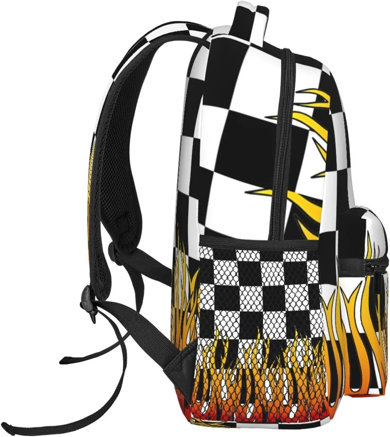 Black and White Checkered Racing Flames Flag Backpack Casual Laptop Backpack Lightweight Double Shoulder Bag Travel Daypack For Women Men