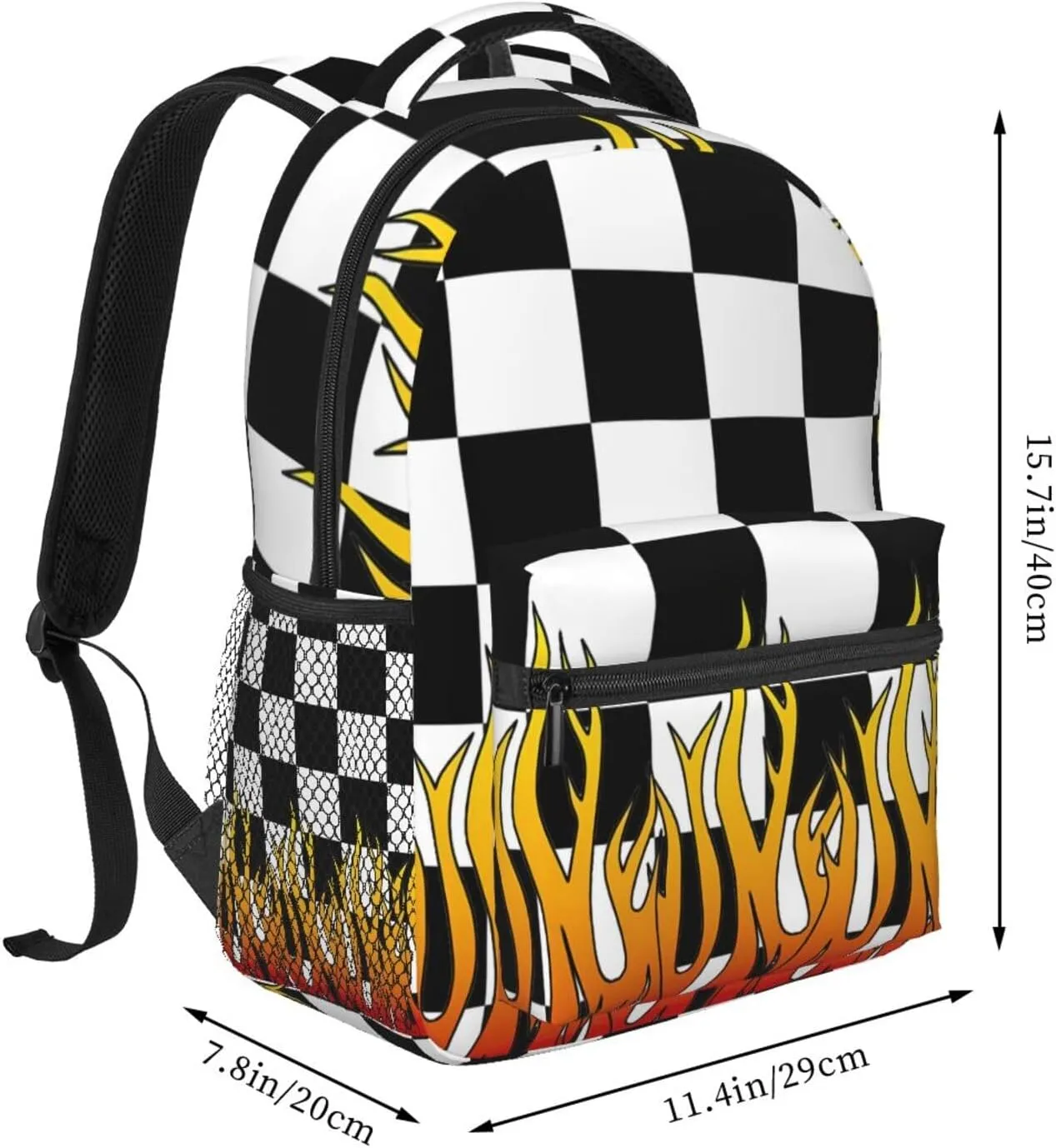 Black and White Checkered Racing Flames Flag Backpack Casual Laptop Backpack Lightweight Double Shoulder Bag Travel Daypack For Women Men