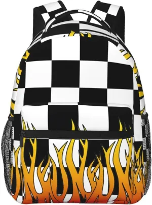 Black and White Checkered Racing Flames Flag Backpack Casual Laptop Backpack Lightweight Double Shoulder Bag Travel Daypack For Women Men