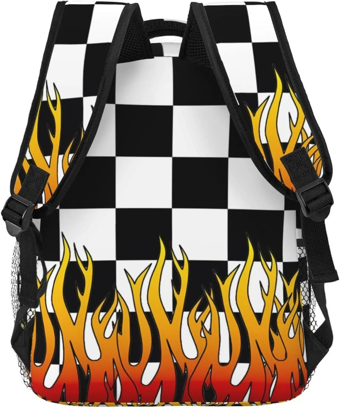 Black and White Checkered Racing Flames Flag Backpack Casual Laptop Backpack Lightweight Double Shoulder Bag Travel Daypack For Women Men