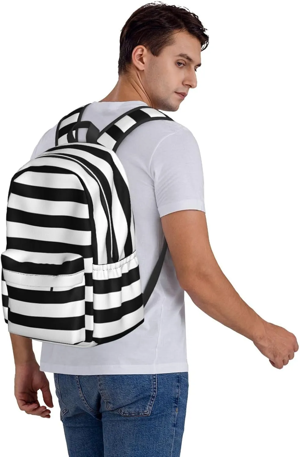 Black and White Striped Backpack Casual Laptop Backpack Large Capacity Double Shoulder Bag Travel Daypack For Women Men
