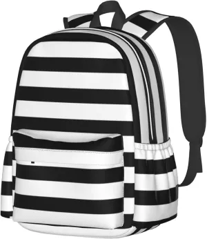 Black and White Striped Backpack Casual Laptop Backpack Large Capacity Double Shoulder Bag Travel Daypack For Women Men
