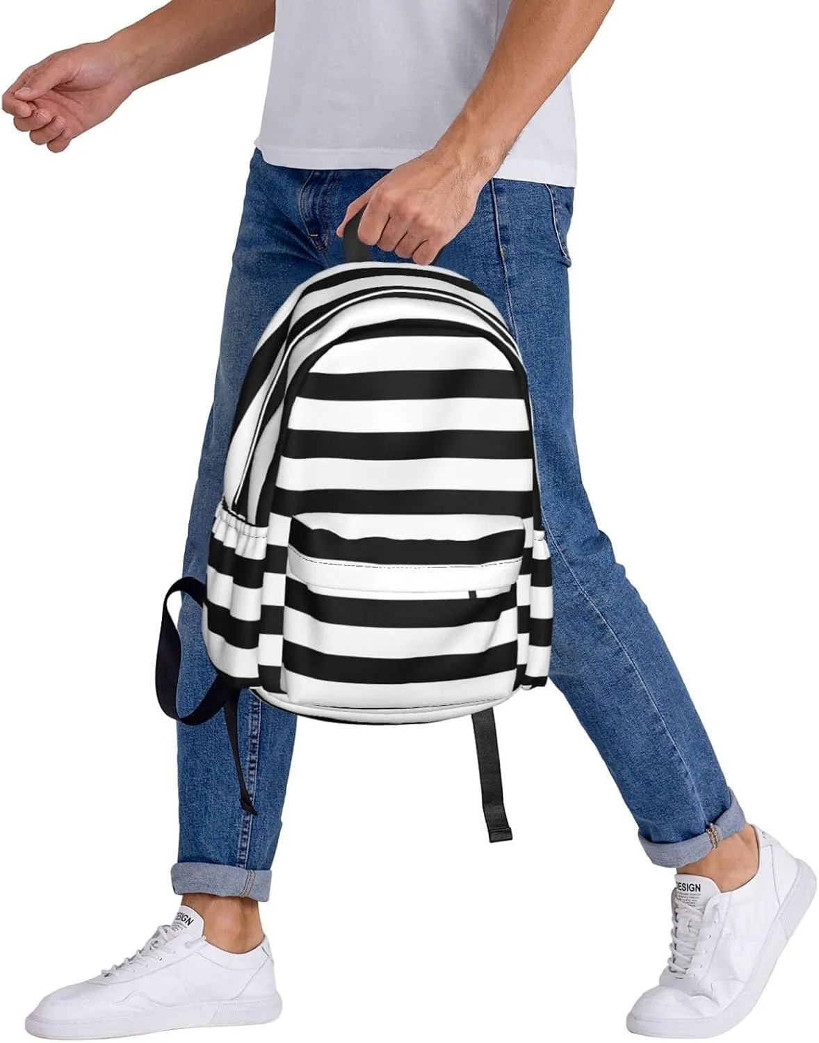 Black and White Striped Backpack Casual Laptop Backpack Large Capacity Double Shoulder Bag Travel Daypack For Women Men