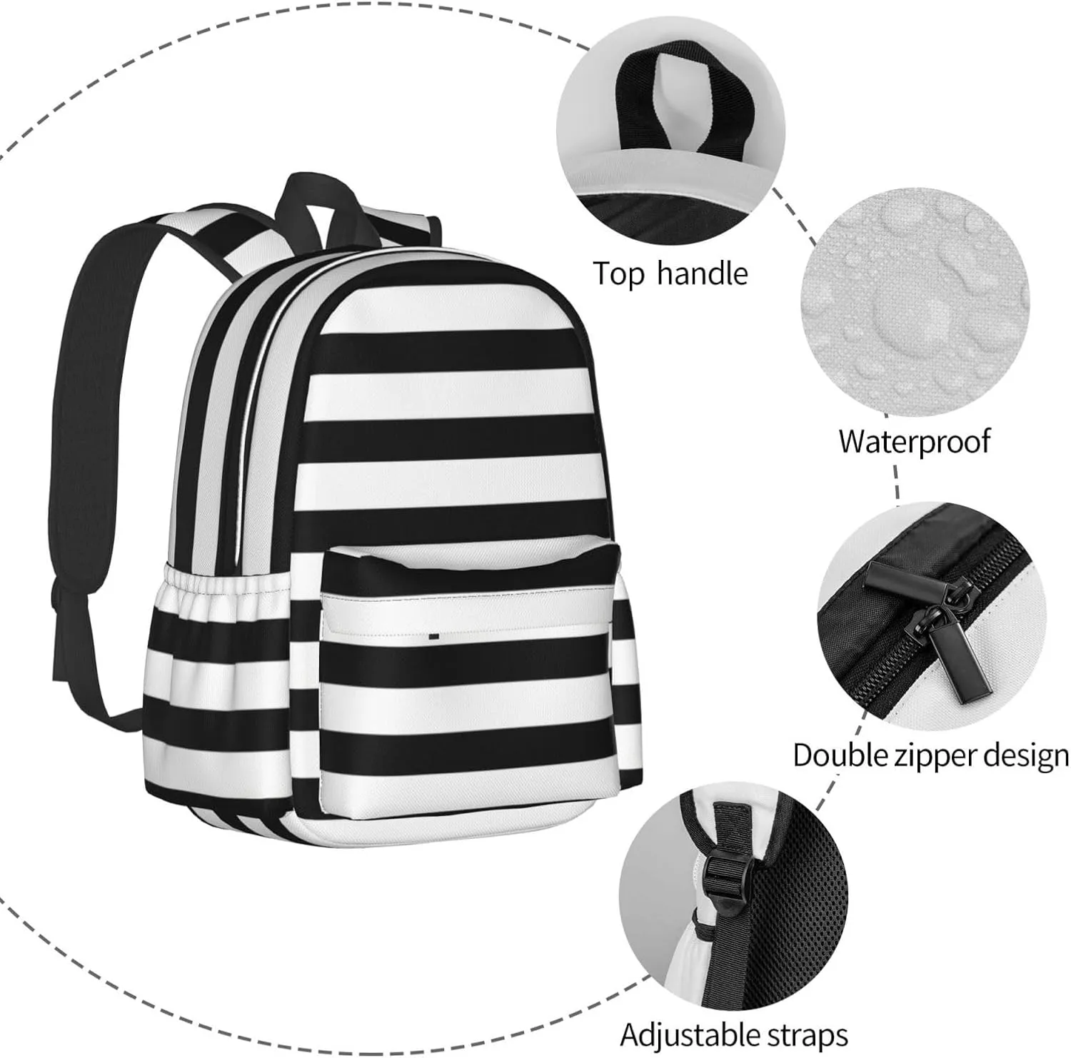 Black and White Striped Backpack Casual Laptop Backpack Large Capacity Double Shoulder Bag Travel Daypack For Women Men