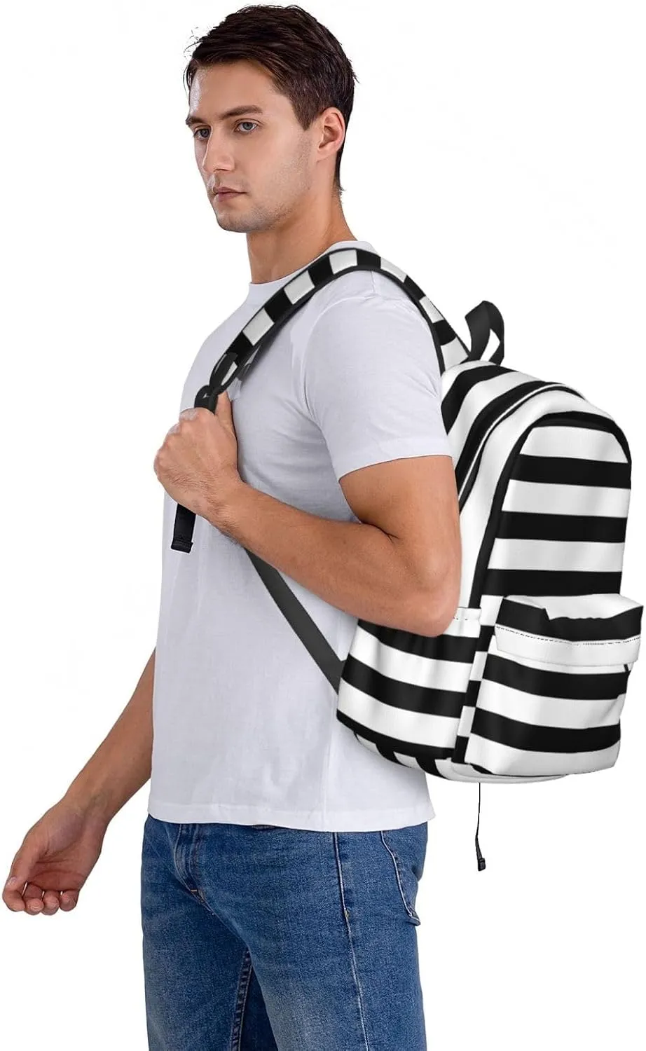 Black and White Striped Backpack Casual Laptop Backpack Large Capacity Double Shoulder Bag Travel Daypack For Women Men