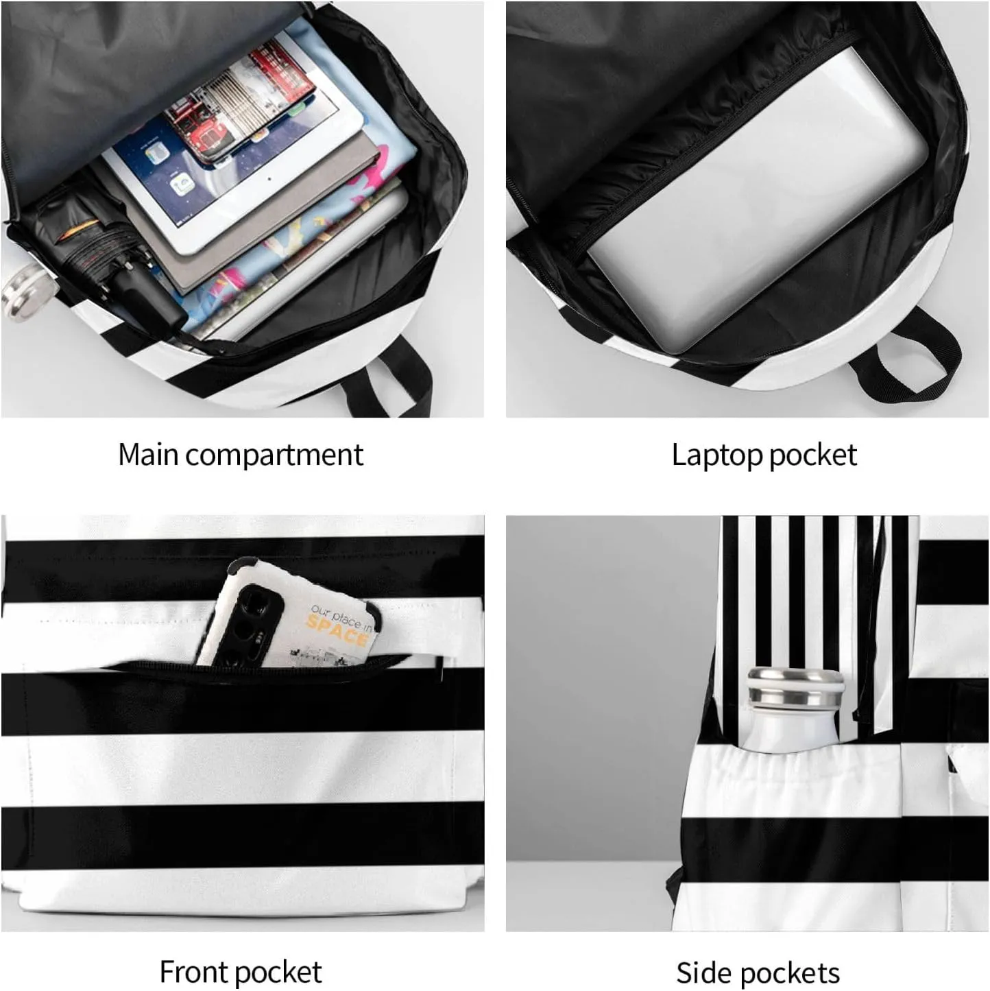 Black and White Striped Backpack Casual Laptop Backpack Large Capacity Double Shoulder Bag Travel Daypack For Women Men