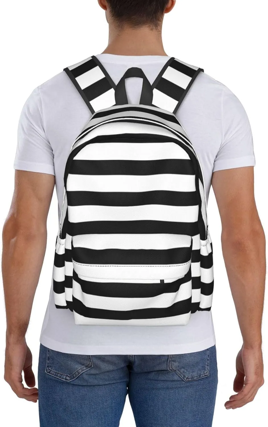 Black and White Striped Backpack Casual Laptop Backpack Large Capacity Double Shoulder Bag Travel Daypack For Women Men