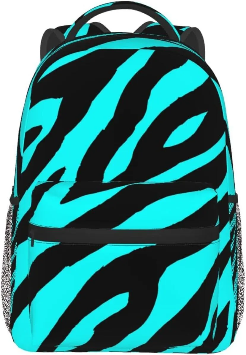 Black Teal Blue Zebra Striped Backpack Casual Laptop Backpack Lightweight Double Shoulder Bag Travel Daypack For Women Men