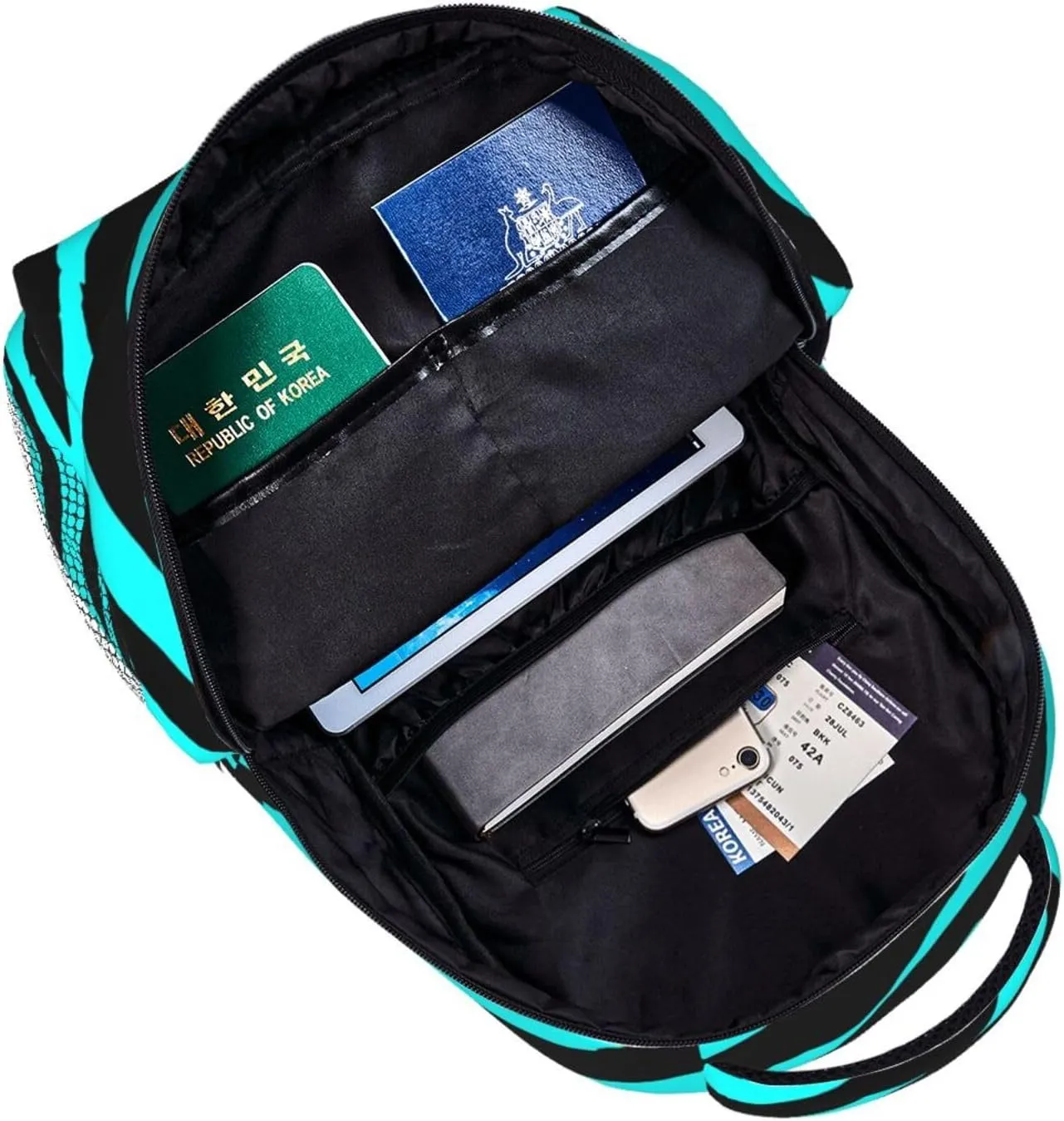 Black Teal Blue Zebra Striped Backpack Casual Laptop Backpack Lightweight Double Shoulder Bag Travel Daypack For Women Men