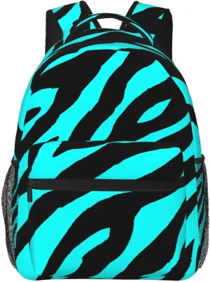 Black Teal Blue Zebra Striped Backpack Casual Laptop Backpack Lightweight Double Shoulder Bag Travel Daypack For Women Men
