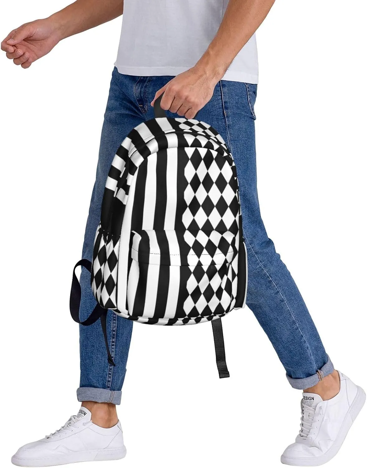 Black White Diamonds Shape Vertical Stripes Backpack Casual Laptop Backpack Large Capacity Double Shoulder Bag Travel Daypack For Women Men