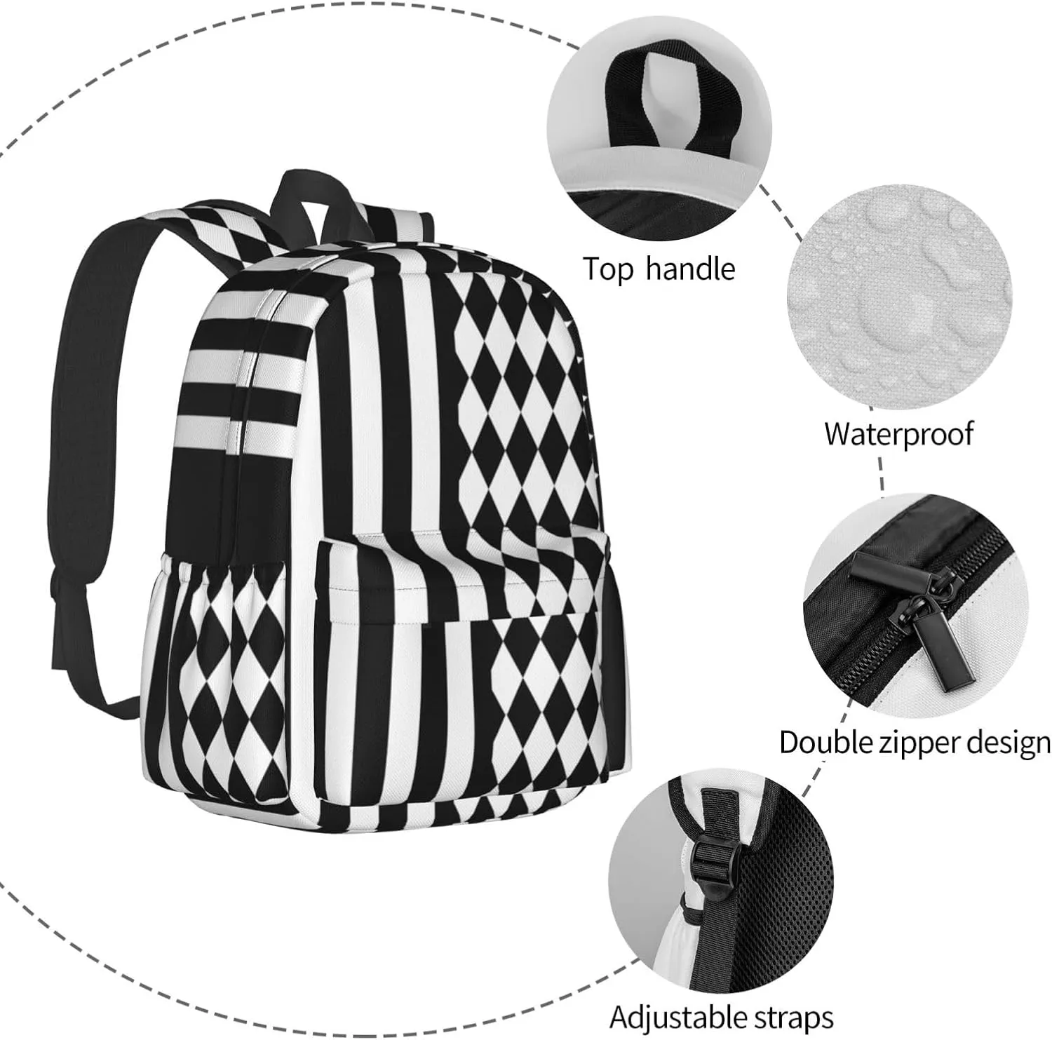 Black White Diamonds Shape Vertical Stripes Backpack Casual Laptop Backpack Large Capacity Double Shoulder Bag Travel Daypack For Women Men