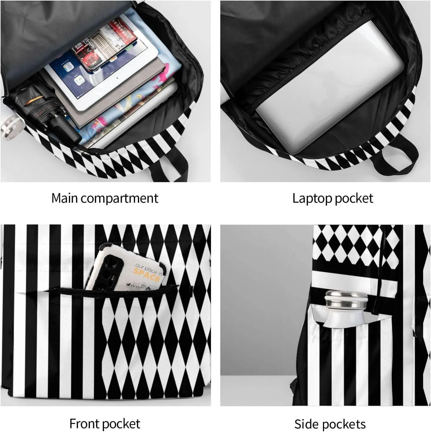 Black White Diamonds Shape Vertical Stripes Backpack Casual Laptop Backpack Large Capacity Double Shoulder Bag Travel Daypack For Women Men