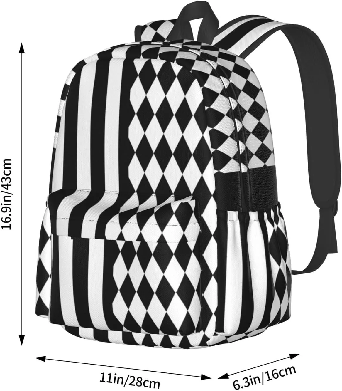 Black White Diamonds Shape Vertical Stripes Backpack Casual Laptop Backpack Large Capacity Double Shoulder Bag Travel Daypack For Women Men
