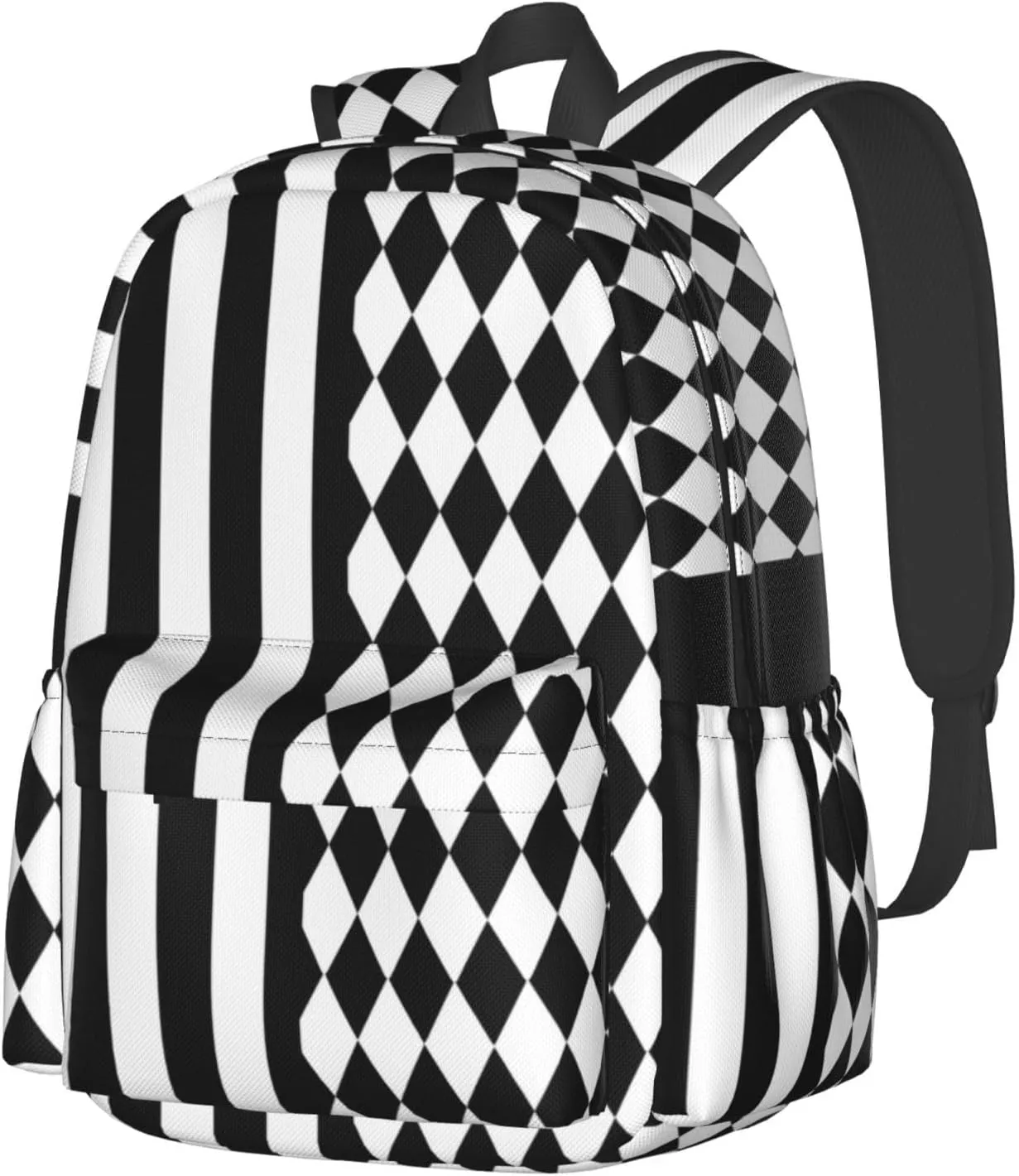 Black White Diamonds Shape Vertical Stripes Backpack Casual Laptop Backpack Large Capacity Double Shoulder Bag Travel Daypack For Women Men