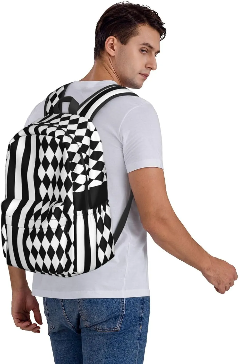 Black White Diamonds Shape Vertical Stripes Backpack Casual Laptop Backpack Large Capacity Double Shoulder Bag Travel Daypack For Women Men