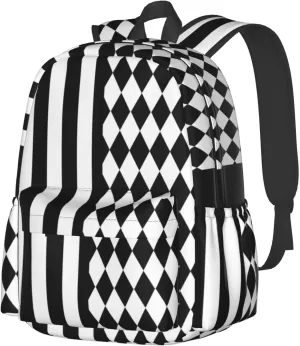 Black White Diamonds Shape Vertical Stripes Backpack Casual Laptop Backpack Large Capacity Double Shoulder Bag Travel Daypack For Women Men