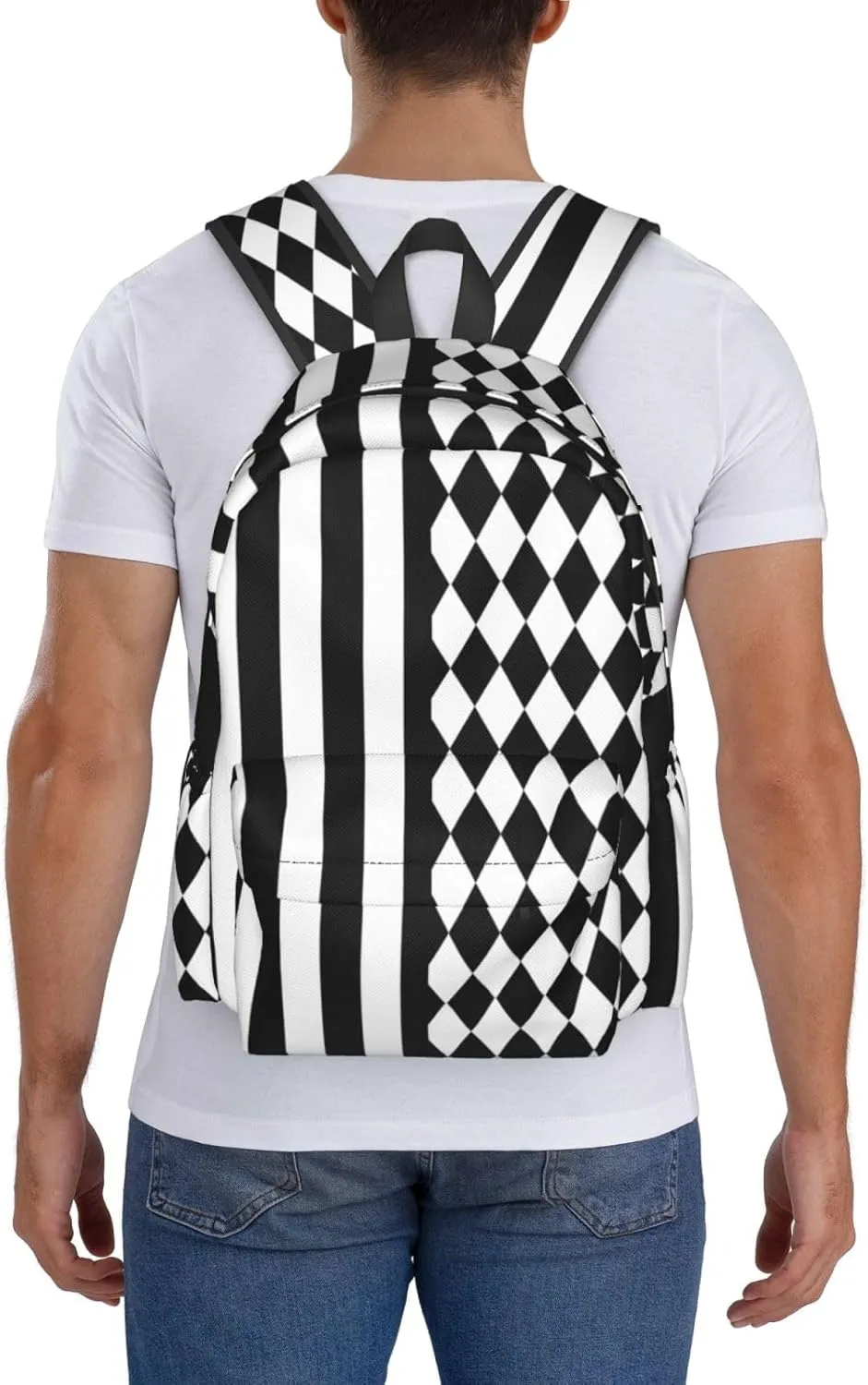 Black White Diamonds Shape Vertical Stripes Backpack Casual Laptop Backpack Large Capacity Double Shoulder Bag Travel Daypack For Women Men