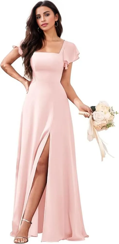 Bridesmaid Dresses Long for Women with Sleeves A Line Evening Formal Party Dress with Slit
