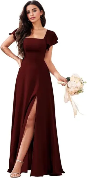 Bridesmaid Dresses Long for Women with Sleeves A Line Evening Formal Party Dress with Slit