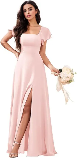 Bridesmaid Dresses Long for Women with Sleeves A Line Evening Formal Party Dress with Slit