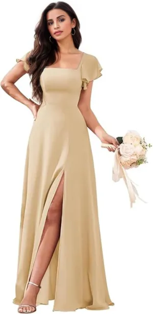 Bridesmaid Dresses Long for Women with Sleeves A Line Evening Formal Party Dress with Slit