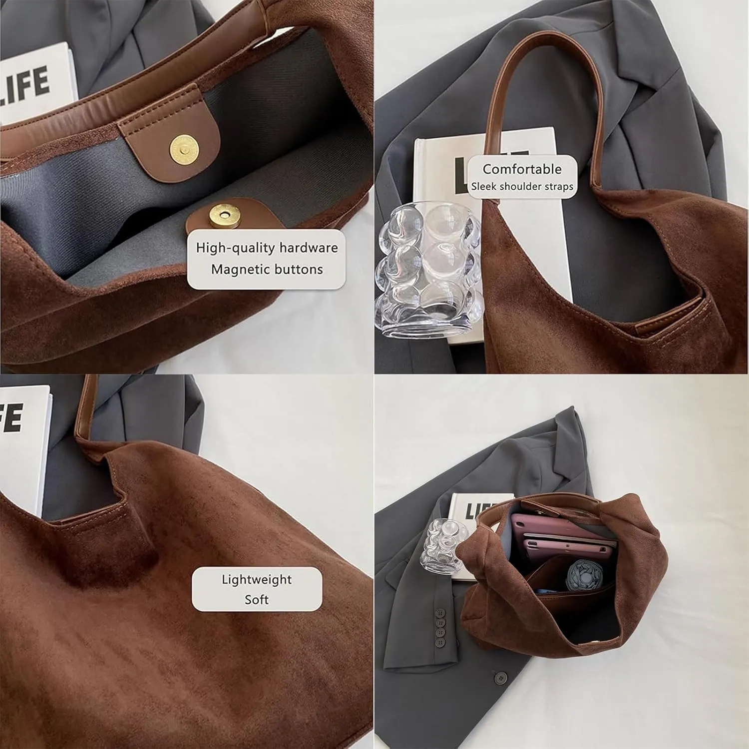 Brown Suede Bag, Leather Hobo Bags for Women, Suede Slouchy Bag, Retro Suede Shoulder Bag, Suede Purse Slouchy Bag