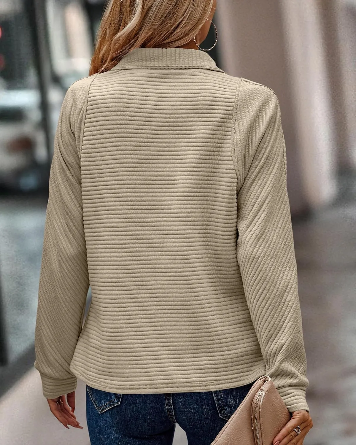 BTFBM Womens 2024 Fall Fashion Quarter Zip Sweatshirts Half Zip Casual Long Sleeve Solid Color V Neck Pullover Tops