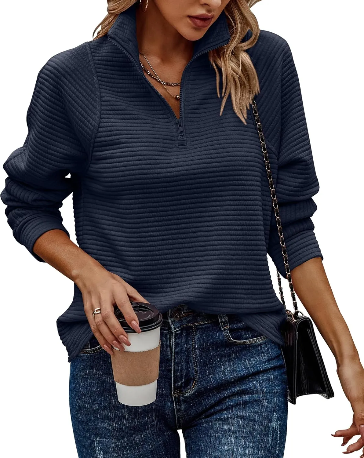 BTFBM Womens 2024 Fall Fashion Quarter Zip Sweatshirts Half Zip Casual Long Sleeve Solid Color V Neck Pullover Tops