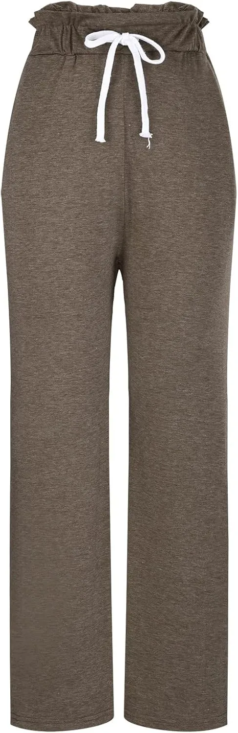 BZGTZT Women's Summer Linen Pants Casual Loose Fit Drawstring Ruffle High Waist Straight-Legs Pants Trousers with Pockets