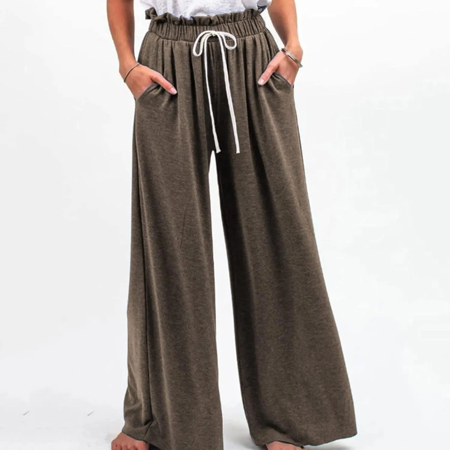 BZGTZT Women's Summer Linen Pants Casual Loose Fit Drawstring Ruffle High Waist Straight-Legs Pants Trousers with Pockets