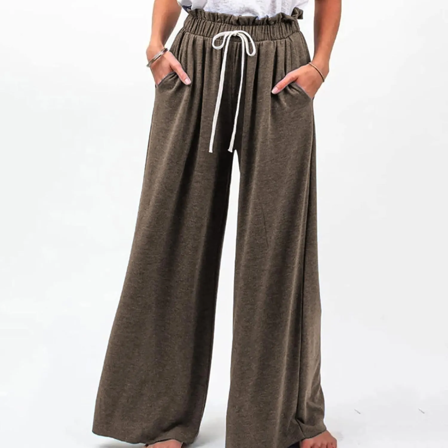 BZGTZT Women's Summer Linen Pants Casual Loose Fit Drawstring Ruffle High Waist Straight-Legs Pants Trousers with Pockets