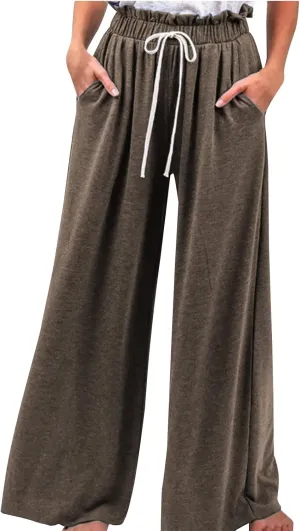 BZGTZT Women's Summer Linen Pants Casual Loose Fit Drawstring Ruffle High Waist Straight-Legs Pants Trousers with Pockets
