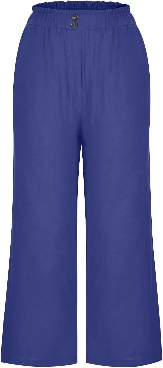 Capri Pants for Women Casual 2025 Summer Drawstring Elastic High Waist Linen Pant Straight Wide Leg Cropped Trousers