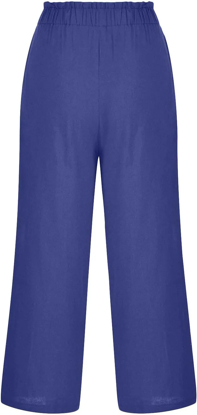 Capri Pants for Women Casual 2025 Summer Drawstring Elastic High Waist Linen Pant Straight Wide Leg Cropped Trousers