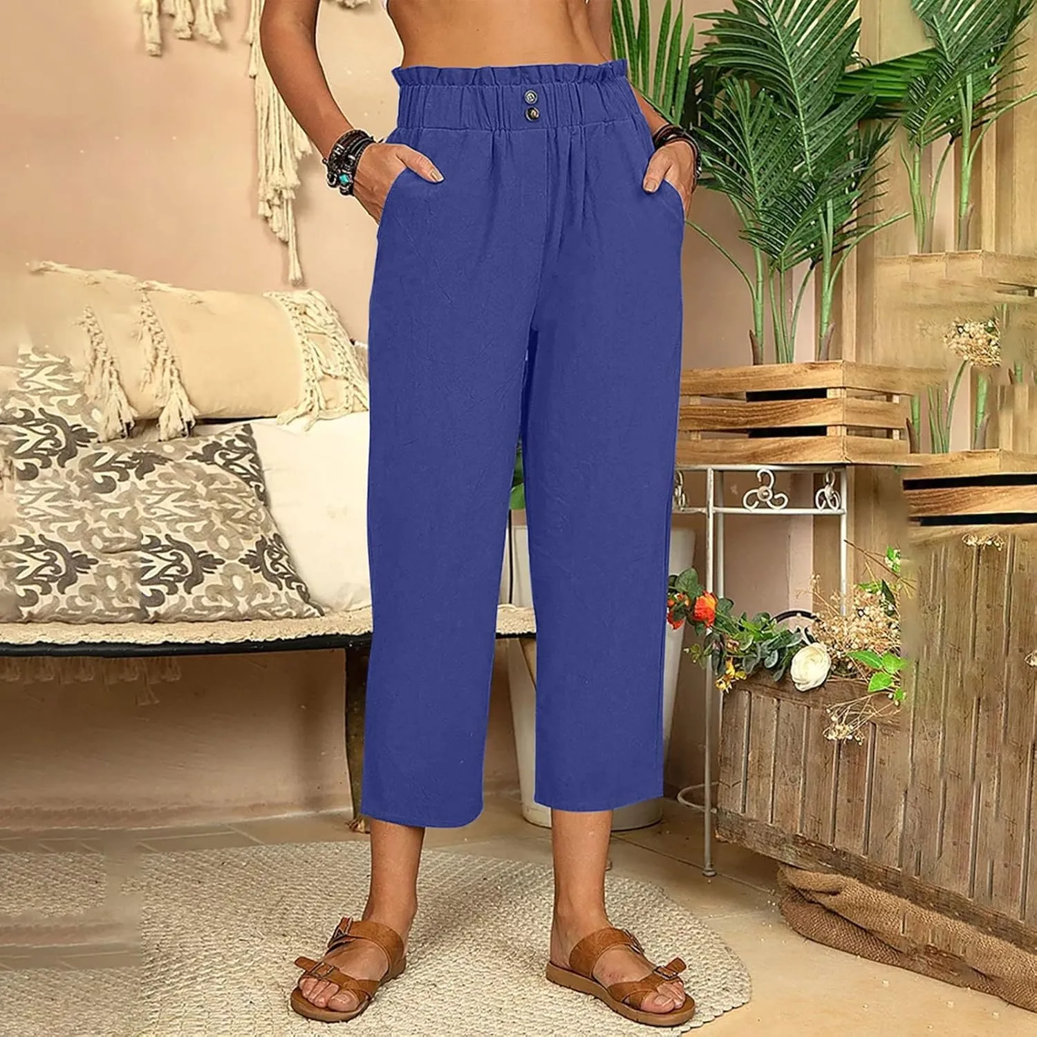 Capri Pants for Women Casual 2025 Summer Drawstring Elastic High Waist Linen Pant Straight Wide Leg Cropped Trousers