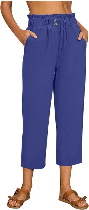 Capri Pants for Women Casual 2025 Summer Drawstring Elastic High Waist Linen Pant Straight Wide Leg Cropped Trousers