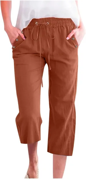 Capri Pants for Women Casual 2025 Summer Drawstring Elastic High Waist Linen Pant
