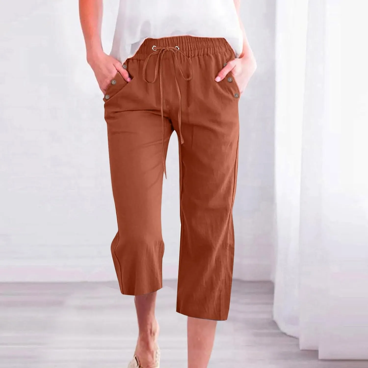 Capri Pants for Women Casual 2025 Summer Drawstring Elastic High Waist Linen Pant