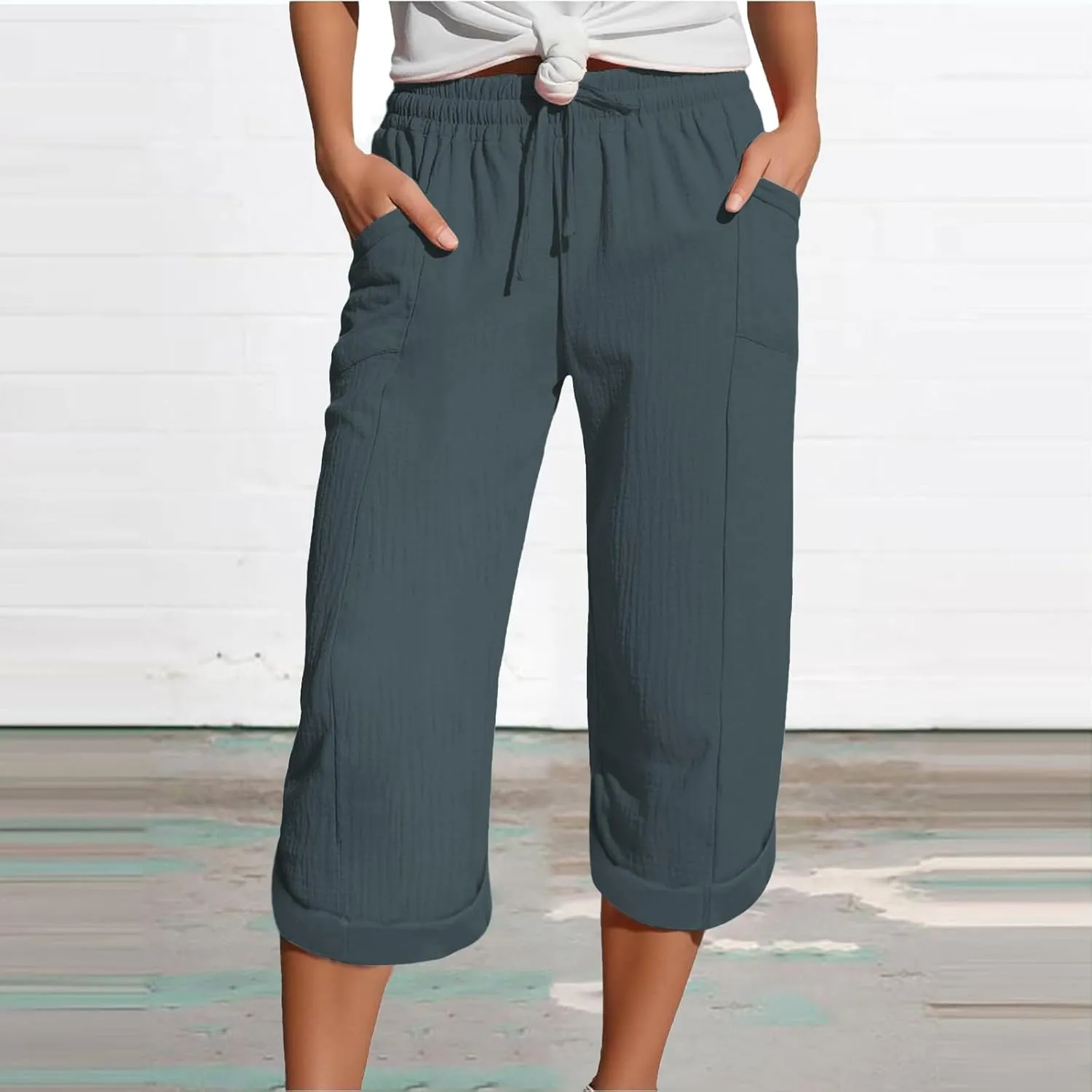 Capri Pants for Women Casual 2025 Wide Leg Drawstring Elastic Waist Loose Cropped Trousers Summer Outfit with Pockets