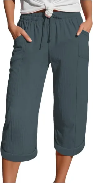 Capri Pants for Women Casual 2025 Wide Leg Drawstring Elastic Waist Loose Cropped Trousers Summer Outfit with Pockets