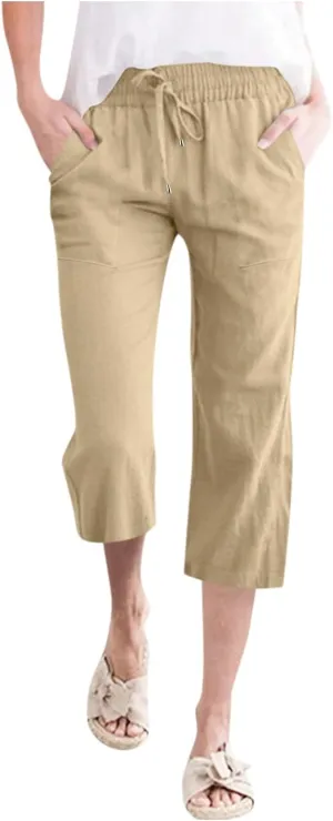 Capri Pants for Women Cotton Linen Casual Summer Pants Fashion Plus Size Drawstring Elastic High Waist Leisure Capris