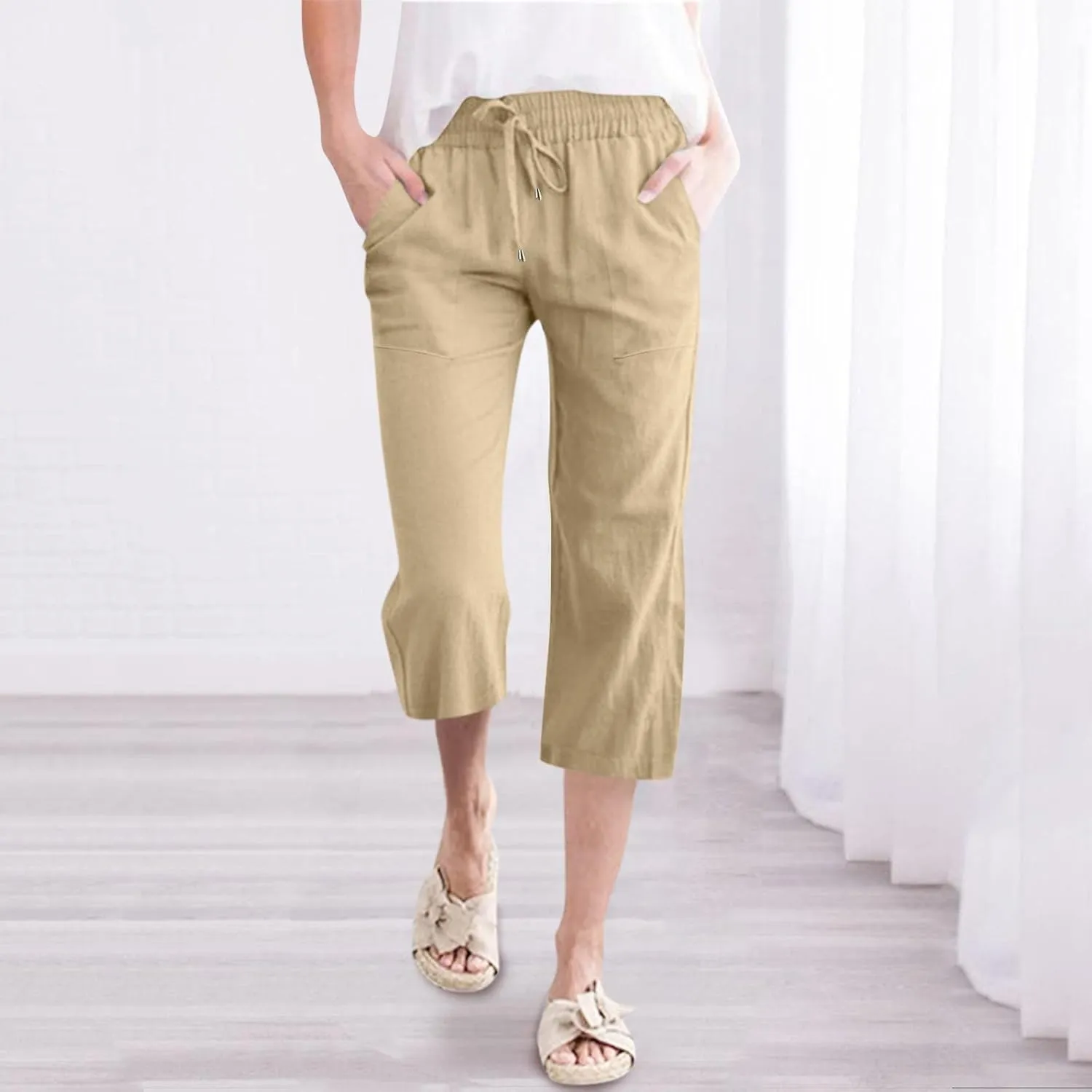 Capri Pants for Women Cotton Linen Casual Summer Pants Fashion Plus Size Drawstring Elastic High Waist Leisure Capris