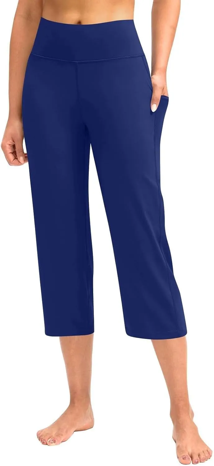 Capri Wide Leg Yoga Pants with Pockets High Waist Slacks for Women Athletic Lounge Sweatpants for Women