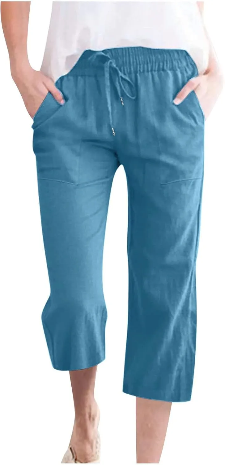 Capris Pants for Women Cotton Linen Loose Straight Wide Leg Drawstring Cropped Trousers Casual Summer Clothing 2025