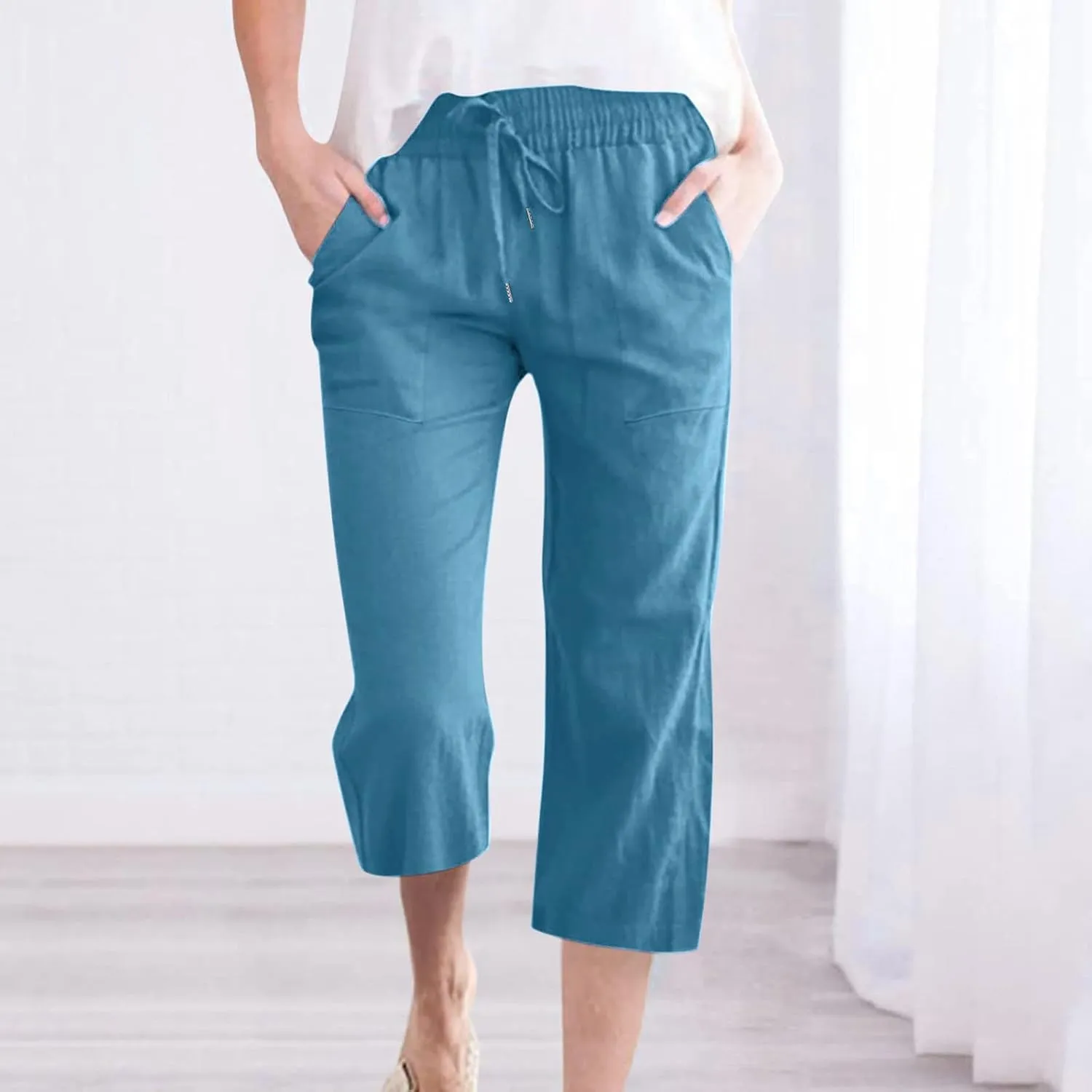 Capris Pants for Women Cotton Linen Loose Straight Wide Leg Drawstring Cropped Trousers Casual Summer Clothing 2025