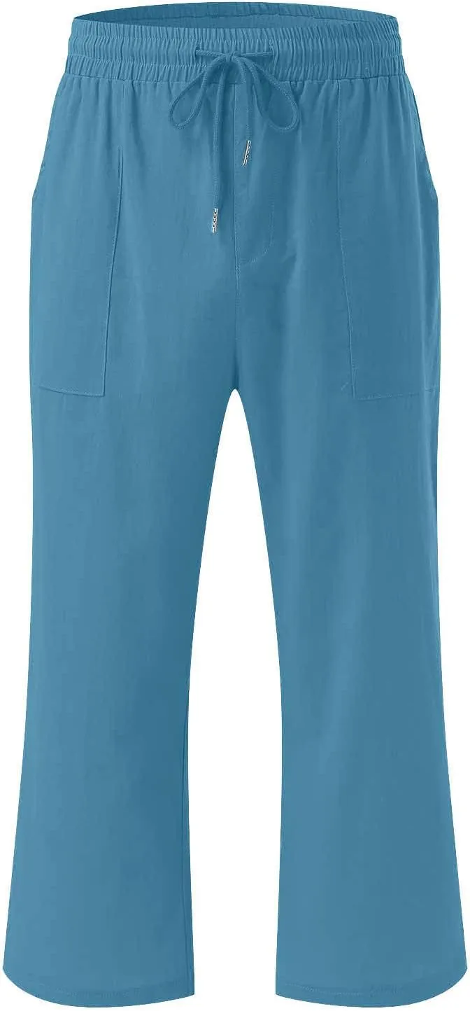 Capris Pants for Women Cotton Linen Loose Straight Wide Leg Drawstring Cropped Trousers Casual Summer Clothing 2025